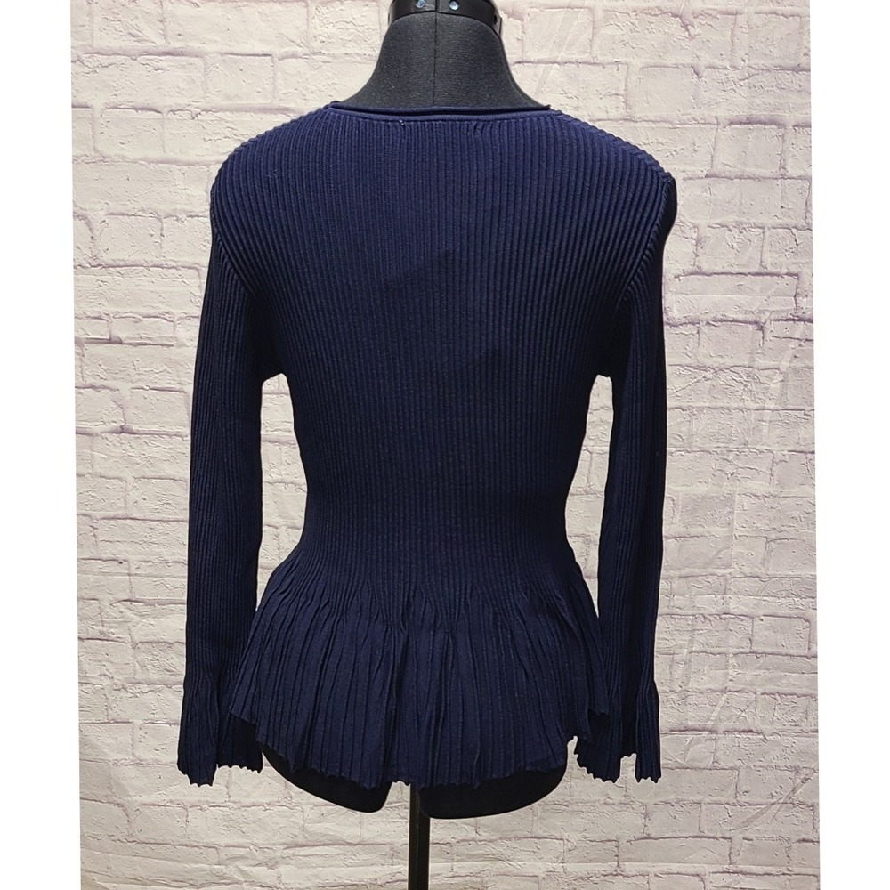 Nancy Yang Collection Navy Blue Ribbed Peplum Knit Top Long Sleeve Womens Medium - Picture 4 of 7